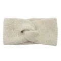 Close-up detail of beige knitted sequin twist headband, soft winter hair accessory warm. - Off White