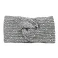 Close-up detail of grey knitted twist headband with sparkly sequins and warm texture. - Medium Grey
