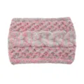 Close-up details of the pink and grey knitted winter headband, warm wool ear warmer weave. - Pink