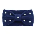 Close-up detail of navy blue knitted headband with chic bow and faux pearls for women. - Navy Blue