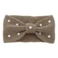 Detailed close-up of brown knitted headband featuring elegant white faux pearl embellishments. - Khaki