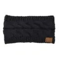 Black cable knit headband for women, cozy winter ear warmer with stylish C.C brand leather patch. - Black