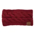 Red cable knit headband for women, thick winter ear warmer hair accessory with leather logo patch. - Burgundy