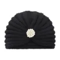 Berretto turbante in maglia nera da donna con spilla fiore perla strass berretto caldo invernale. - Taglia unica / Nero