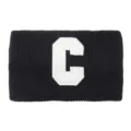 Black knitted sports headband with white letter C embroidery, stylish and cozy hair accessory. - Black