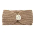 Knit headband for women winter warm hair band with pearl rhinestone floral decor yoga fitness. - Camel