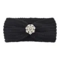 Black Knitted Headband with Rhinestone Flower Crystal Variant Autumn Winter Warm Hair Accessory - Black