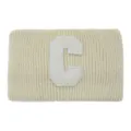 Beige knitted headband with a textured letter C patch, wide design for sports and daily wear. - Beige