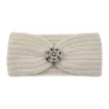 Beige knitted headband with sparkling rhinestone brooch, winter warm ear warmer hair accessory. - Beige