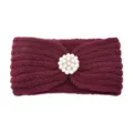 Burgundy knitted headband, pearl rhinestone flower decoration, winter warm hair accessory style - Fuschia