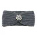 Grey knitted headband variant featuring sparkling rhinestone flower for autumn and winter warmth. - Dark Gray