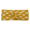 Gestricktes Twist Stirnband mit Herz Jacquard Muster, gelb und weiss Haarschmuck fuer Sport. - Kurkuma