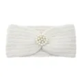Cozy white pearl knit headband variant, warm winter hair accessory with rhinestone flower decor. - Cream