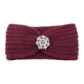 Burgundy knitted headband with rhinestone crystal flower, winter warm ear warmer hair accessory. - Burgundy