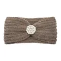 Khaki knitted headband featuring a chic pearl rhinestone cluster, warm winter hair accessory. - Khaki