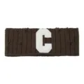 Brown knit headband with white letter C patch, distressed wool hair band for sports and yoga. - Coffee