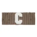 Brown knit headband with white letter C patch distressed cozy winter hair accessory for sports - Khaki