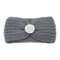 Grey knit headband with elegant pearl rhinestone flower, warm winter hair accessory. - Medium Grey