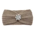 Khaki Knitted Headband with Rhinestone Brooch, Winter Warm Wool Hair Band for Women - Khaki