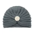 Grey knitted turban hat for women, featuring a chic pearl rhinestone brooch centerpiece. - One Size / Dark Gray