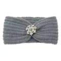 Grey knitted headband with sparkling rhinestone flower, warm winter hair accessory for women. - Medium Grey