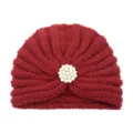 Women's Red Knitted Turban Hat with Elegant Pearl Flower Winter Warm Beanie Cap - One Size / Burgundy