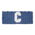 Blue knitted headband with distressed holes and white letter C patch, perfect for daily wear. - Fog Blue