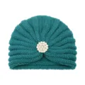 Turquoise knitted turban hat for women, winter warm beanie with elegant pearl flower brooch. - One Size / Aqua Blue