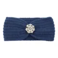 Dark blue knitted headband with crystal rhinestone flower, warm winter ear warmer hair accessory. - Navy Blue