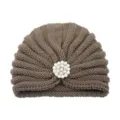 Brown knitted turban hat for women, elegant winter warm beanie with pearl rhinestone brooch. - One Size / Khaki