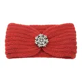Red knitted headband with sparkling rhinestone flower decor, warm winter hair accessory. - Red