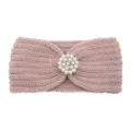 Pink knitted winter headband with elegant pearl rhinestone flower accessory for women and girls. - Shrimp Pink