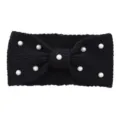 Black knitted headband with faux pearls, elegant bow hair accessory for women ear warmer. - Black