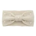 Beige knitted pearl bow headband, stylish fleece hair hoop for daily wear, cozy winter accessory. - Beige