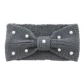 Grey knitted pearl bow headband, stylish fleece hair hoop, cozy winter ear warmer accessory. - Dark Gray