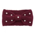 Maroon knitted wool headband with pearl bow design, cozy hair accessory for winter daily use. - Burgundy