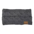 Dark grey cable knit headband for women, stylish winter fleece ear warmer with logo patch. - Dark Gray