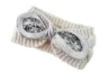 Fascia per capelli in maglia beige con fiocco bianco e nero, elastica e molto calda. - Beige