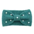 Knitted pearl bow hairband, dark teal winter warm headband for women daily wear. - Post Green