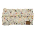 Cozy winter chunky knit headband with colorful specks and leather C.C logo patch for women. - Beige Speckled