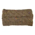 Women's chunky cable knit headband winter warm speckled yarn ear warmer with leather patch - Khaki Speckled