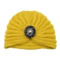 Yellow knit turban hat with crystal brooch, bohemian winter warm head wrap beanies - One Size / Yellow