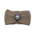 Knitted winter hair band with rhinestone crystal center piece, warm stretch headband for women. - Khaki