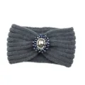 Detailed view of a dark gray knitted winter headband with a sparkling rhinestone brooch centerpiece. - Dark Gray