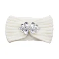 White Knitted Headband with Sparkling Rhinestones Crystal Winter Ear Warmer Hair Accessory - Cream