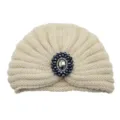 Beige knitted turban hat with dark blue crystal gem brooch vintage bohemian headwear - One Size / Beige