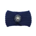 Detailed close-up of dark blue knitted winter headband with rhinestone crystal center brooch design. - Navy Blue