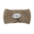Knitted headband with crystal flower rhinestone decor, warm winter ear warmer hair accessory. - Khaki