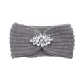Grey knitted headband with sparkling rhinestone crystal flower brooch for cozy winter wear. - Medium Grey