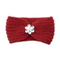 Red knitted headband with crystal flower, warm winter hair accessory for daily wear. - Jujube Red